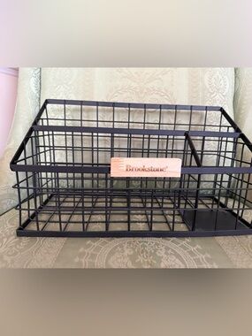 Brookstone Black Wire Grid Basket with Wooden Logo Panel desk caddy